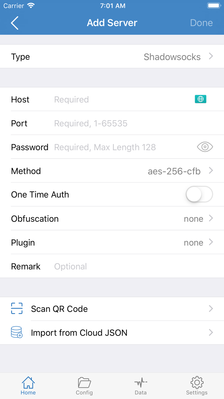 Shadowrocket 的 Add Server 页面，显示 Type、Host、Port、Password、Method 以及 Scan QR Code 和 Import from Cloud JSON 入口