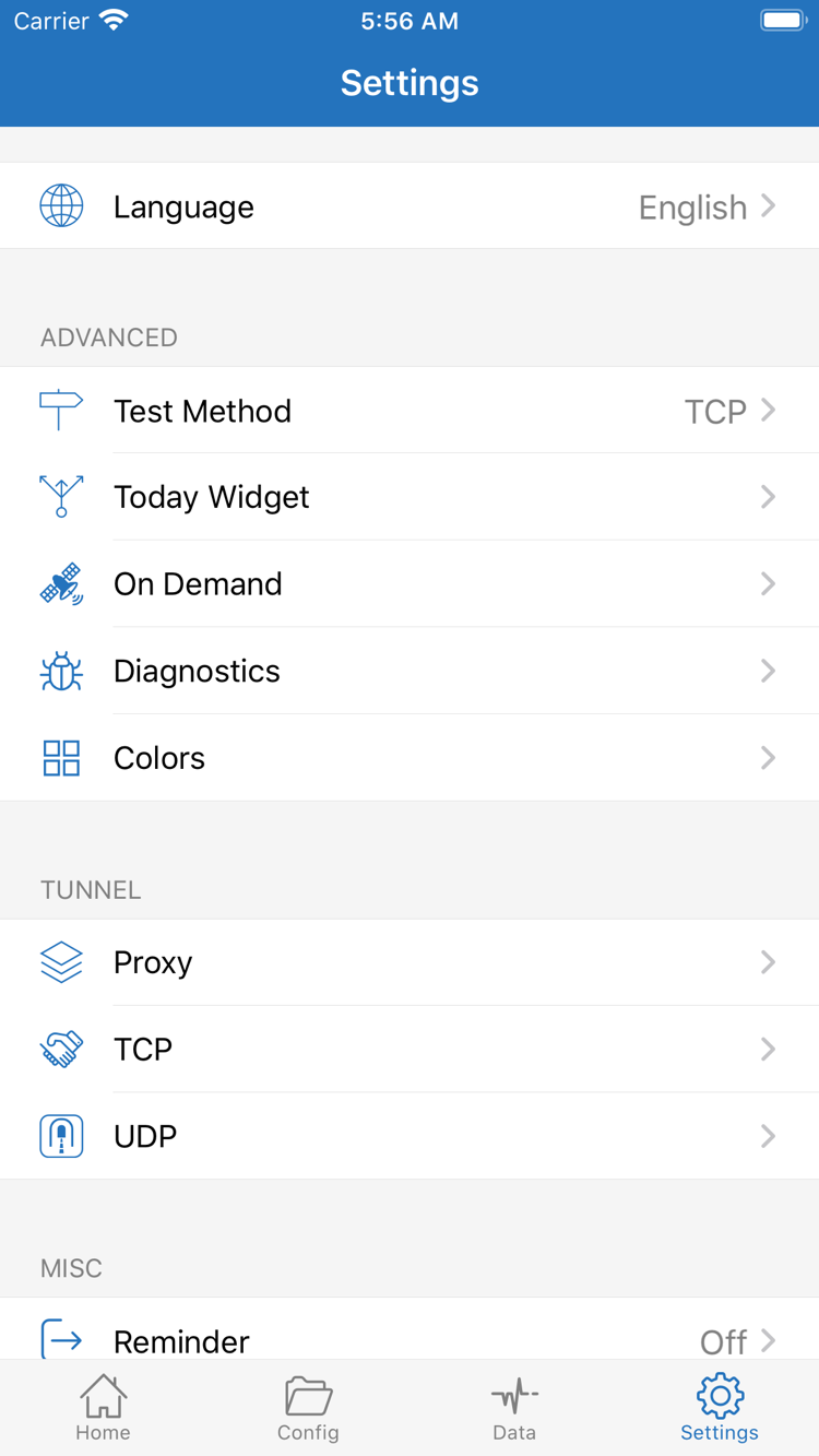 Shadowrocket 的 Settings 页面，显示 Language、Test Method、Today Widget、On Demand、Diagnostics、Proxy、TCP 与 UDP 设置入口