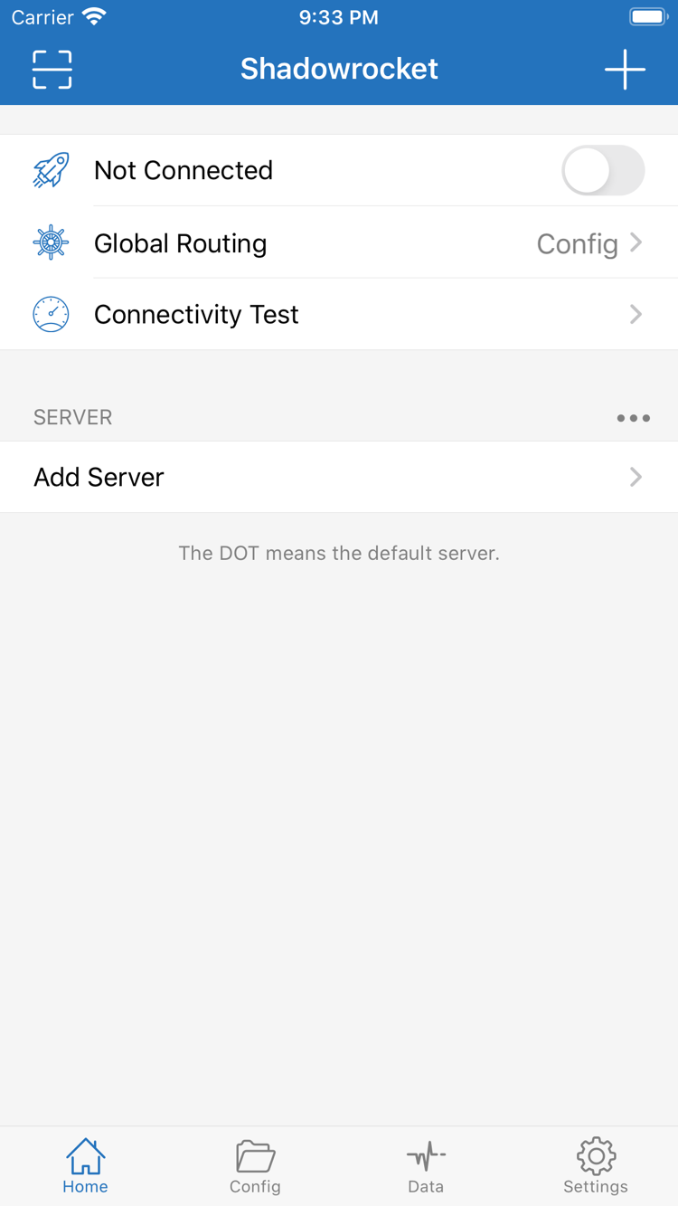 Shadowrocket 的 Home 页面，顶部显示 Not Connected 开关、Global Routing 的 Config 模式与 Connectivity Test，下方为 SERVER 分组和 Add Server