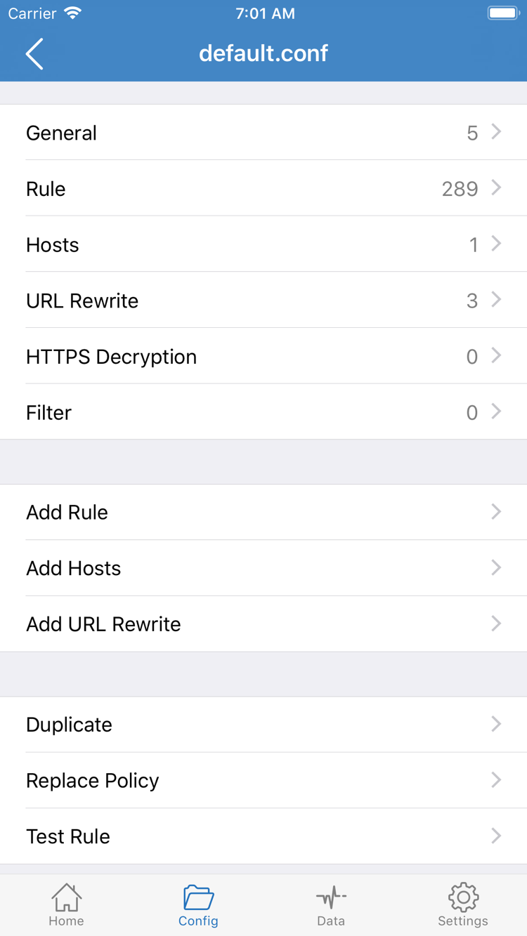 Shadowrocket 的 Config 配置编辑页面，包含 General、Rule、Hosts、URL Rewrite、HTTPS Decryption 分段及 Add Rule